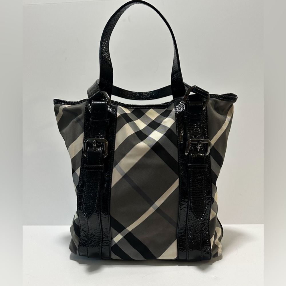 Burberry Black and Gray Beat Check Nylon Patent Tote